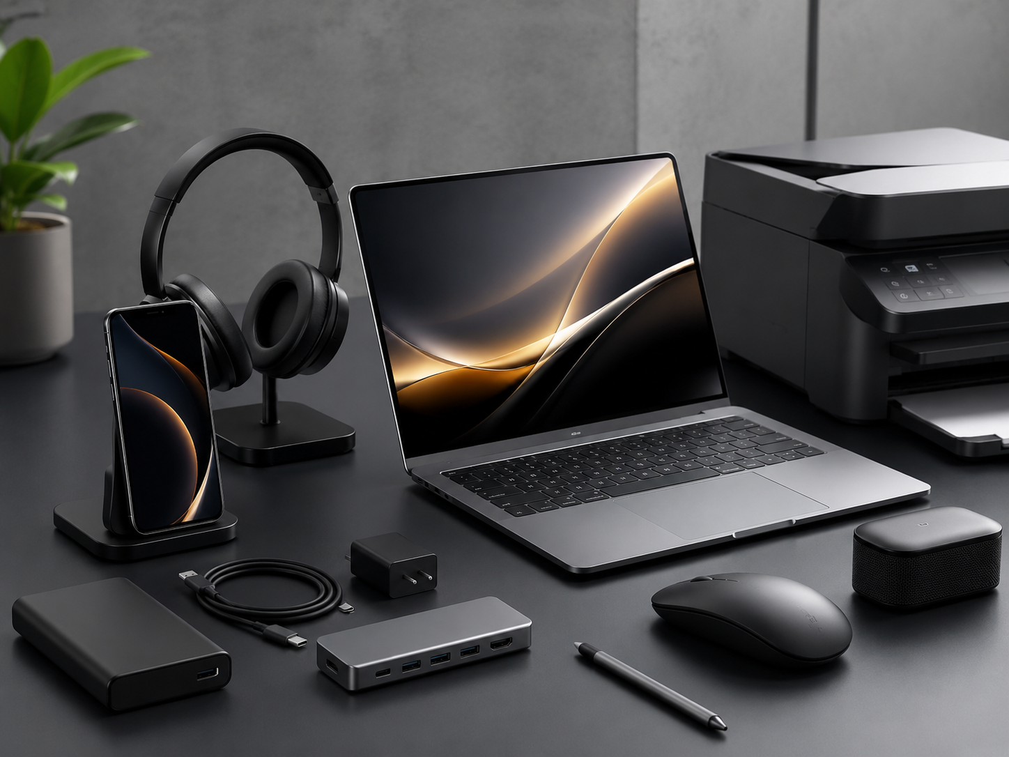 Business technology including a laptop, phone, headphones, printer and computer accessories
