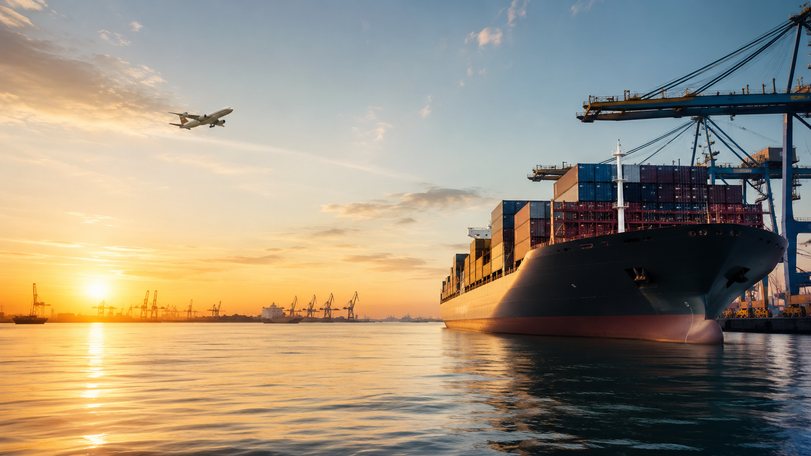 Cargo vessel, port cranes and aircraft representing international commercial trade